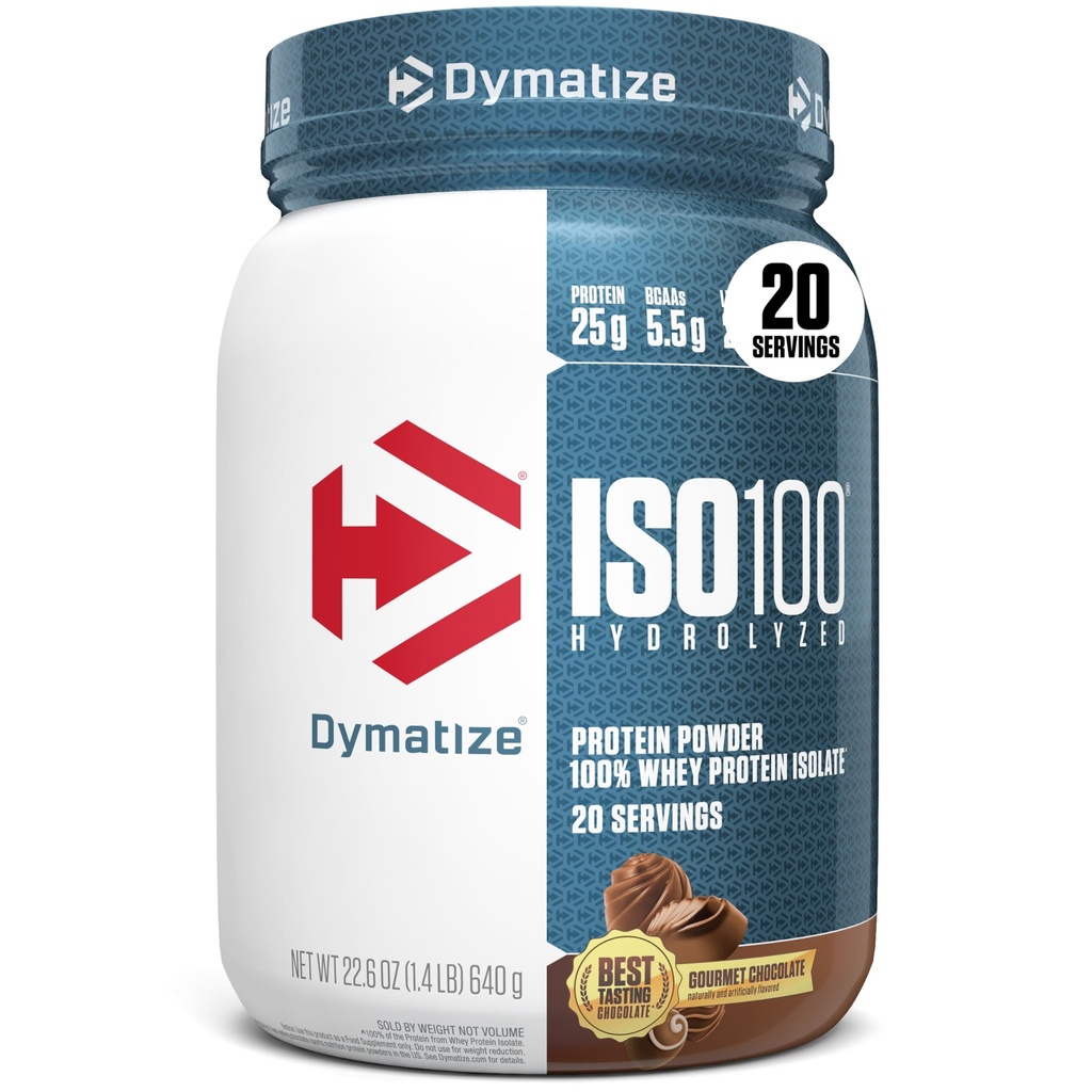 Dymatize ISO100 Whey Protein Powder Isolate, Gourmet Chocolate, 25g of Protein, 20 Servings, 5.5g BCAAs, Less Than 120 Cal., Gluten Free, 1g Fat, 1g Sugar, 2g Carb