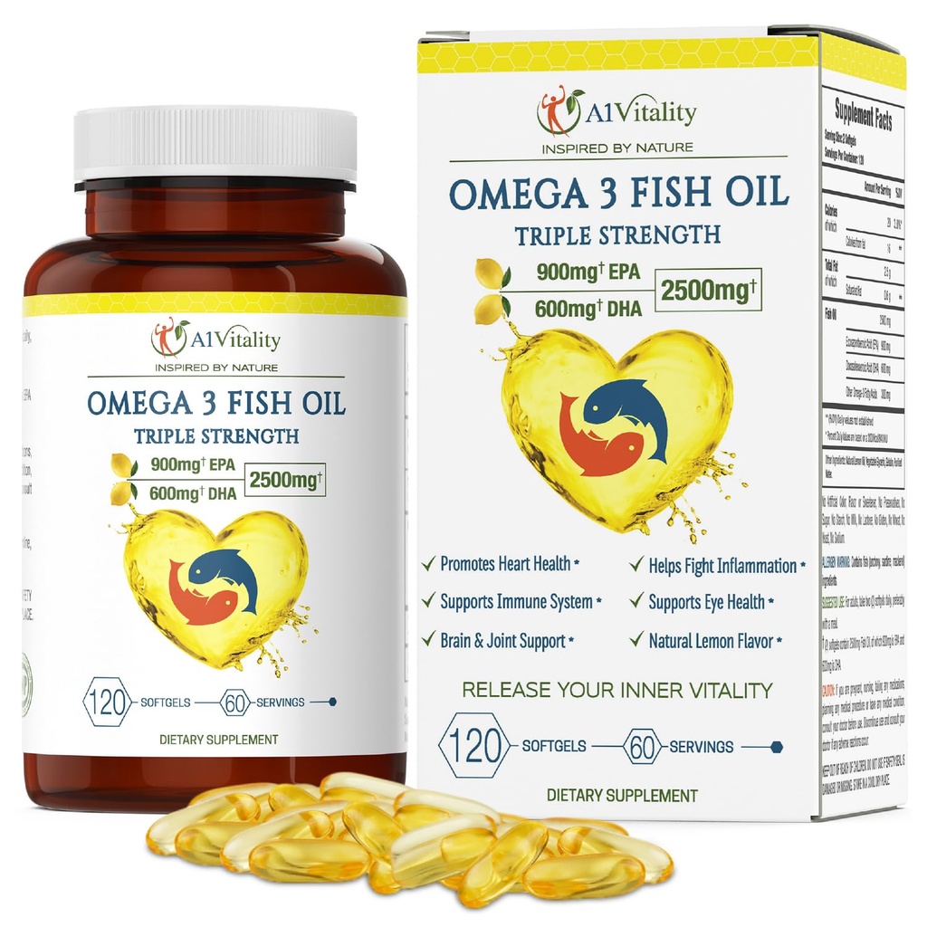 Omega 3 Triple Strength EPA DHA Supplement - 2500mg Lemon Flavored Burpless Fish Oil - High Potency 900mg EPA 600mg DHA Supports Circulation, Brain, Heart, Eye, Skin, Bone & Joints - 120 Softgels