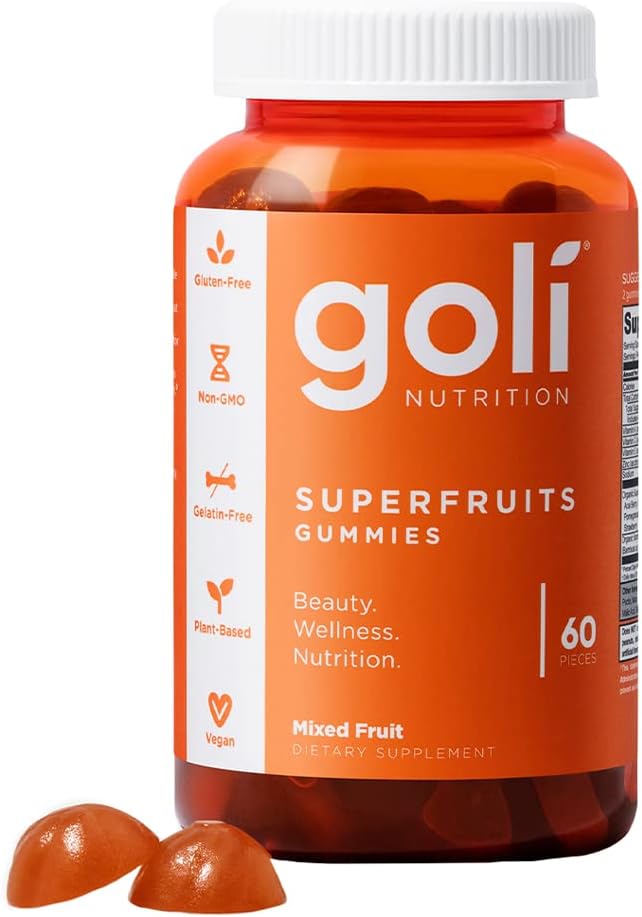 Supliment nutritional Goli, SuperFruts Beauty Gummy Vitamina - 60 Conte - Colagen-Promovare Ingrediente - Fructe mixte, Vegan, Plant-Based, Non-GMO, Gluten-Free & Gelatină gratuit