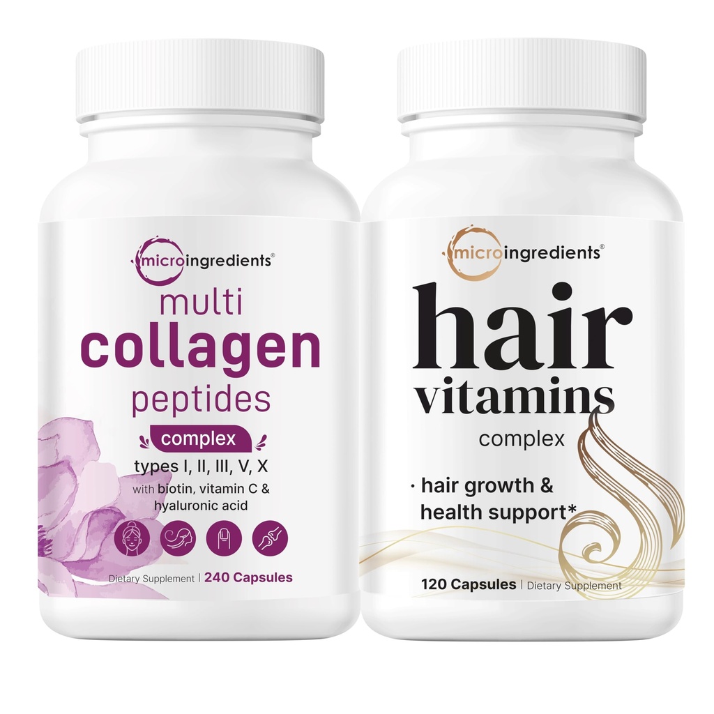Micro Ingredients Multi Collagen Complex for Women & Hair Vitamins Complex Capsules Bundle 2 Pack | Grass-Fed Collagen Peptides | 14-in-1 Advanced Hair Growth Support