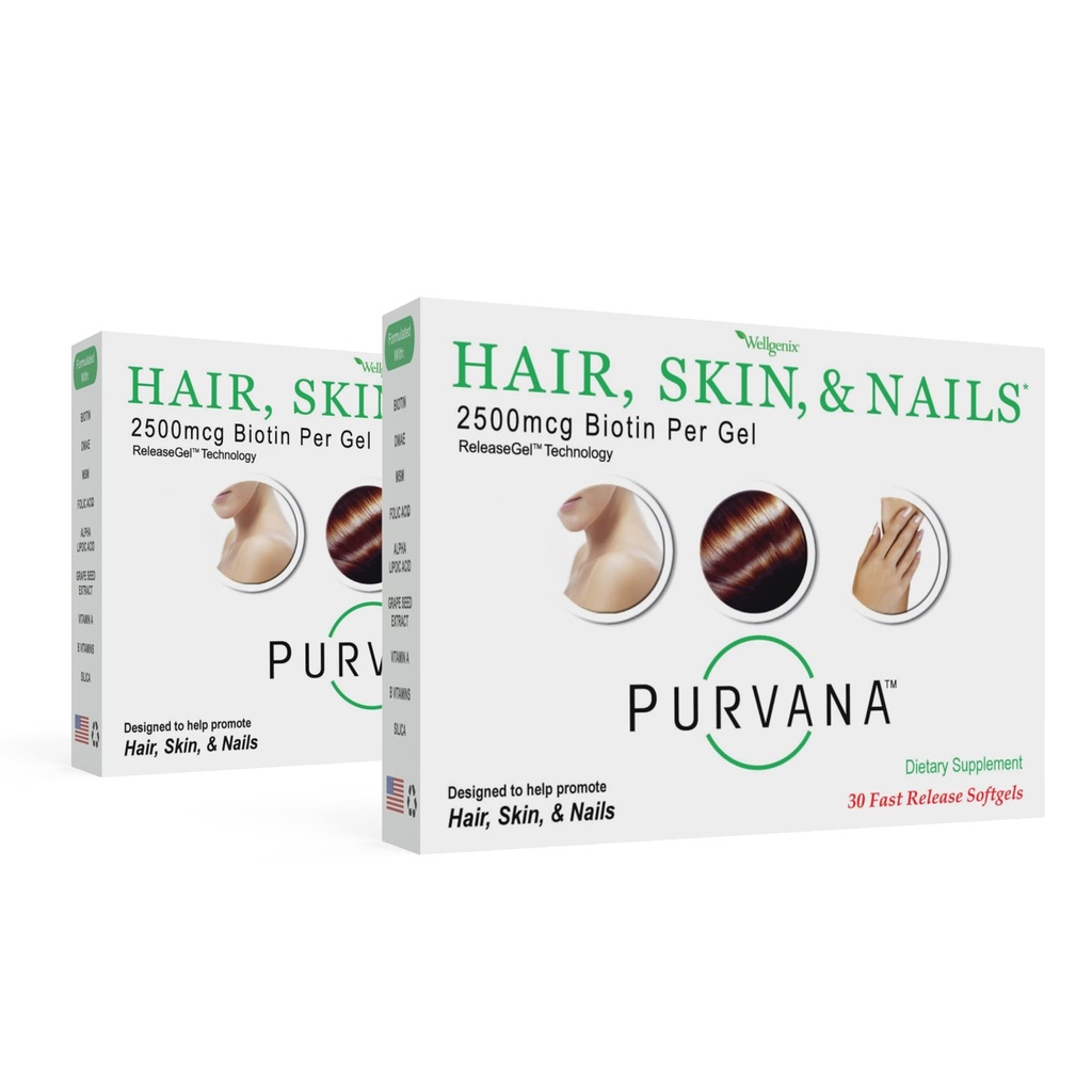 Wellgenix Purvana Hair Skin and Nails Supplement – 2500mcg Biotin Softgels with MSM & B-Complex – Daily Beauty Support for Stronger Nails & Hair Vitality – 60 Softgels (2 Pack)