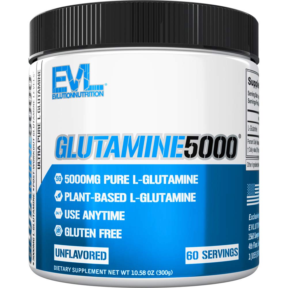 Pure Vegan L-Glutamine Powder Supplement - Evlution Nutrition Nitric Oxide Booster 5g L Glutamine Supplement for Post Workout Recovery Enhanced Pumps Gut Health Energy and Immunity - Unflavored