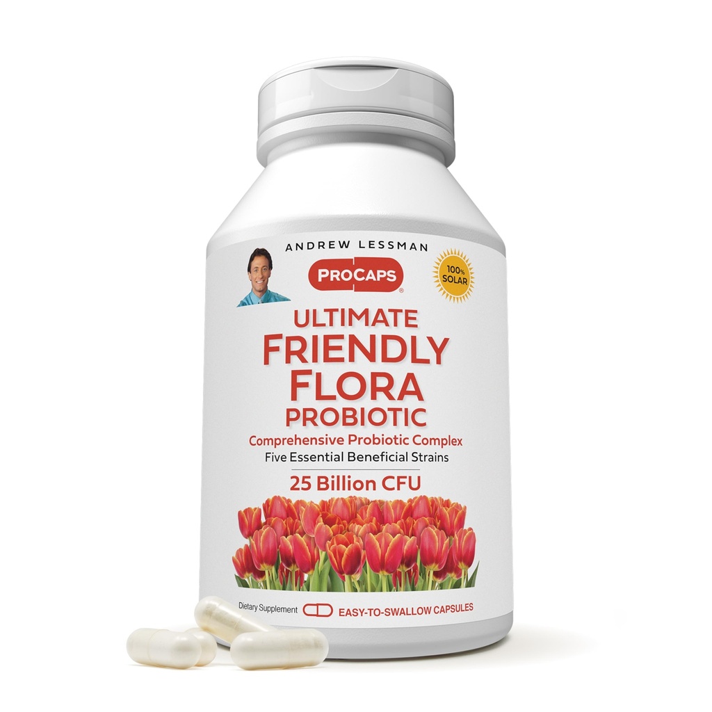 ANDREW LESSMAN Ultimate Friendly Flora Probiotic 60 Capsules - 25 Billion CFU, Comprehensive Blend of Five Probiotic Strains, Powerful Immune and Digestive Support. Probiotics for Women or Men