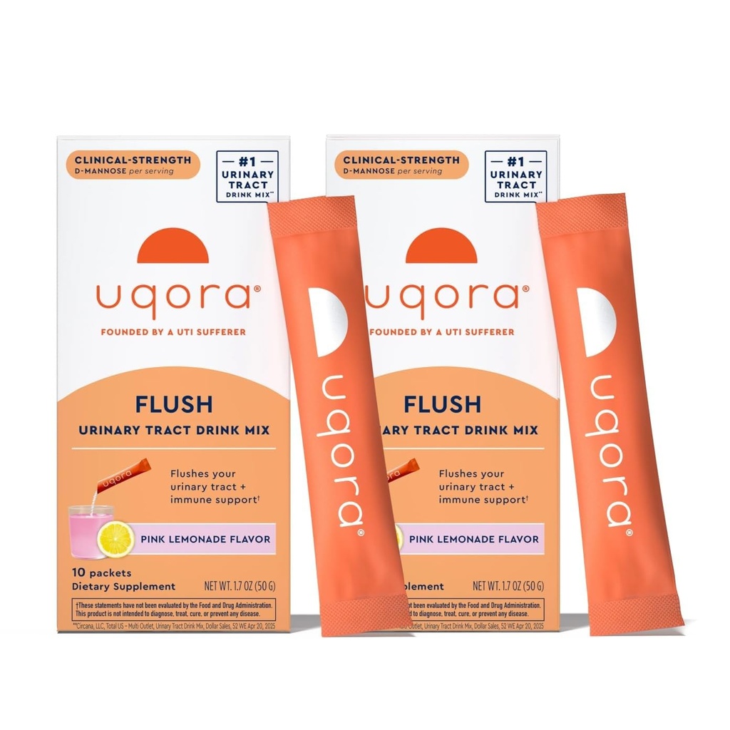 Uqora Flush - Urinary Tract* with D-Mannose, Vitamin C, Vitamin B6, Potassium, Magnesium & Calcium - Gluten-Free & Vegan - Pink Lemonade Flavor - 20 Packets (2 Pack)