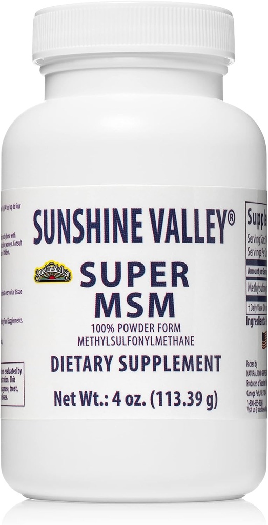 Sunshine Valley ® Super MSM Suplemento - Metilsulfonilmetano MSM Cristais de po para apoio conxunto, Nails, cabelo e saúde da pel - 100% de po puro, sen sabor, suplemento dietético - 4 oz