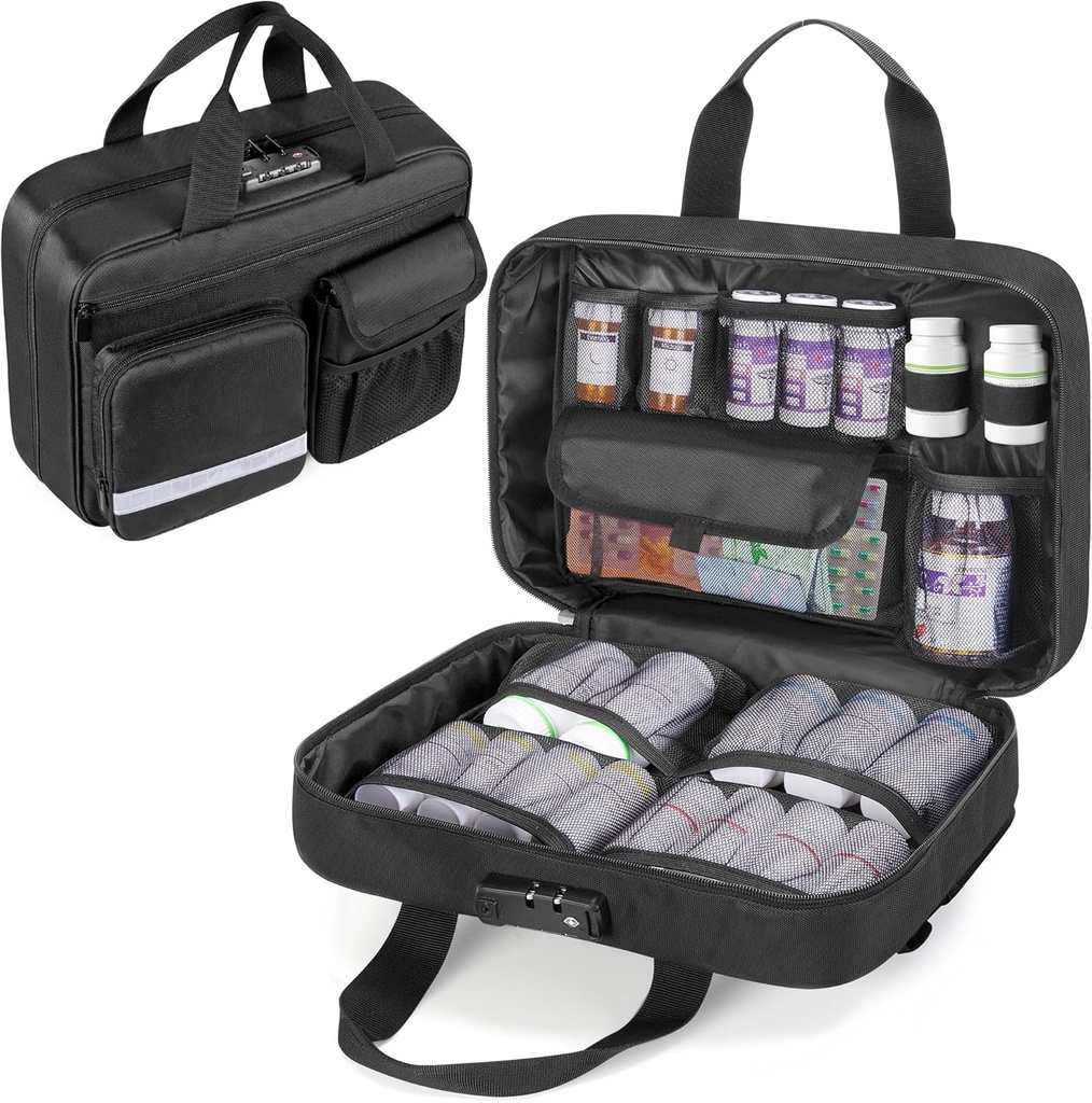 Damero Locking Pill Bottle Organizer, Medicine Storage Bag Medication Organizer Travel Carrying Case för stora piller flaskor, mediciner och medicinska förnödenheter, svart