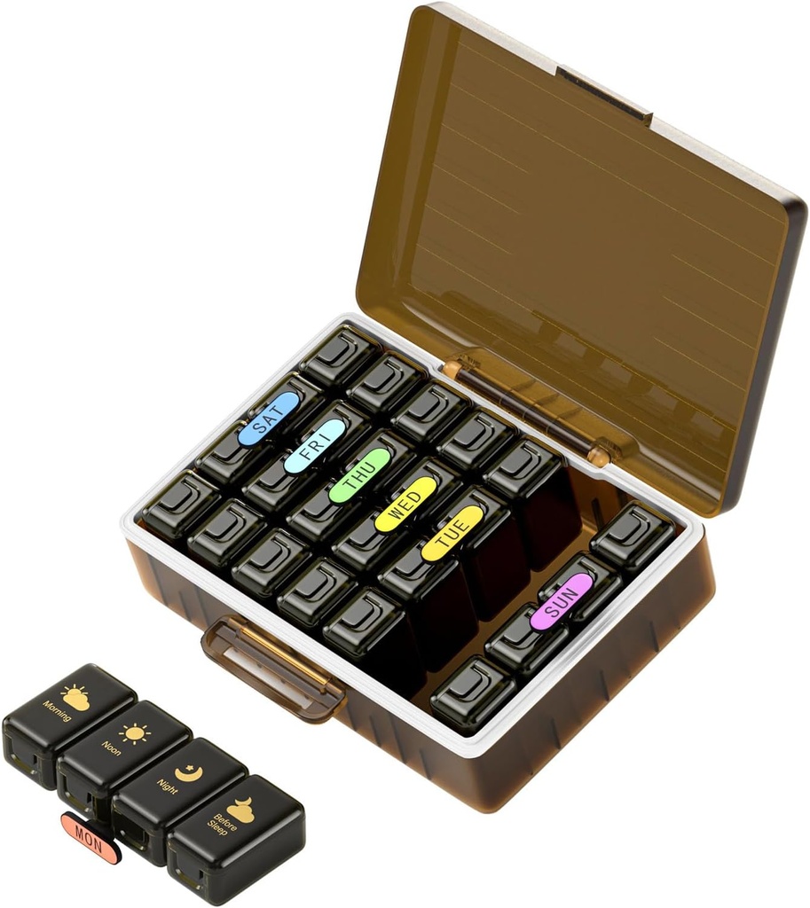 Organizzatore di pillole settimanali 4 volte al giorno, grandi scomparti Pill Box 4X 7 giorno, caso di pillole dell'organizzatore di medicina per le pillole / Vitamins / oli di fondo / medicazione / materie prime (Brown)