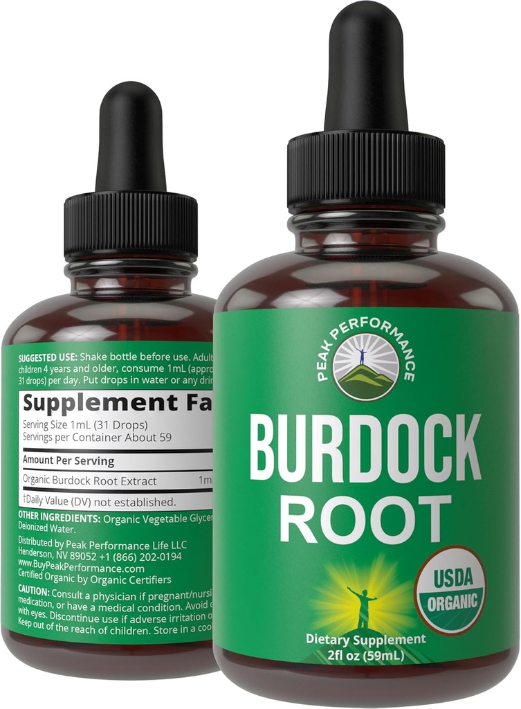 Peak Performance USDA Organic Burdock Root Liquid supplement. " فيجن " " من أجل المرأة والرجل.