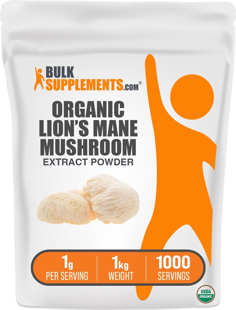 BulkSupplements.com Organic Lion's Mane Mushroom Extract Powder - Lions Mane Supplement Powder, Superfood for Well-Being - Vegan, 1g per Serving, 1kg (Pack of 5) (11 lbs)