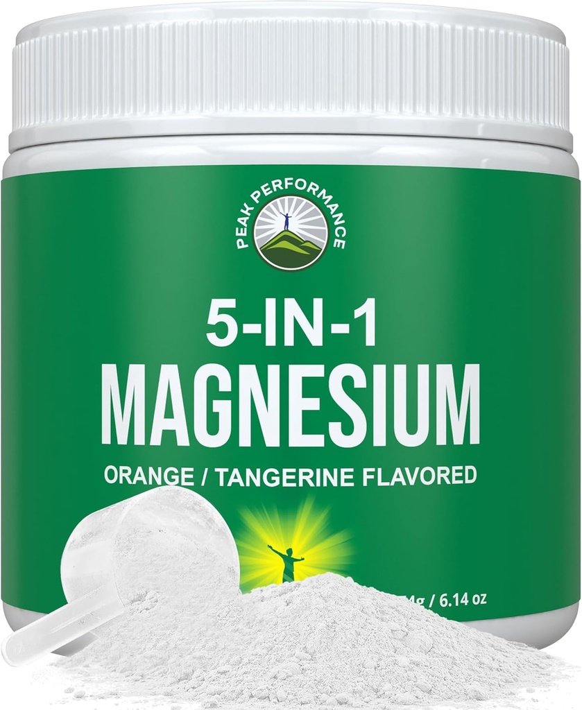 5-in-1 Magnesium Powder Drink for Women & Men. Magnesium Glycinate + Citrate + Malate + Chelate + Taurate. Great Tasting Vegan Supplement for Muscle Relaxation, Sleep, Cramps. Orange Flavor