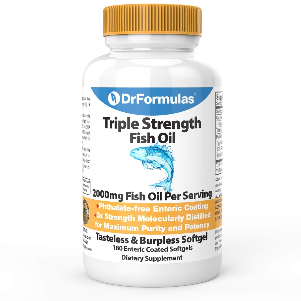 DrFormulas 2000mg Triple Strength Omega 3 Fish Oil with EPA and DHA, 180 Burpless Softgels