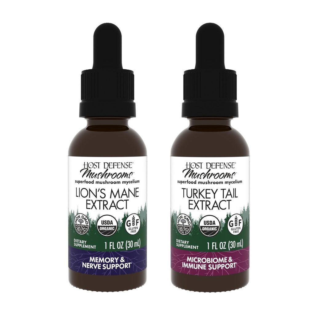 Host Defense Bundle with Lion's Mane Extract, 1 fl oz & Turkey Tail Extract, 1 fl oz - Support Brain Health, Memory & Focus - Support Digestive Health & Immune Response*