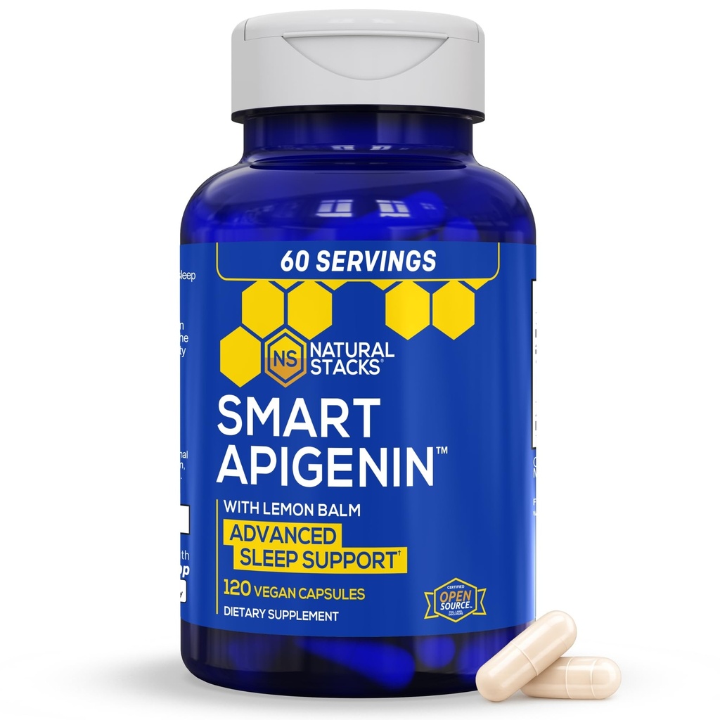 NATURAL STACKS Apigenin Supplement for Sleep - 50mg Apigenin & 600mg Lemon Balm - Melatonin Free Sleep Aid - with Passion Flower Extract for Stress Support* - 120 Lemon Balm Capsules