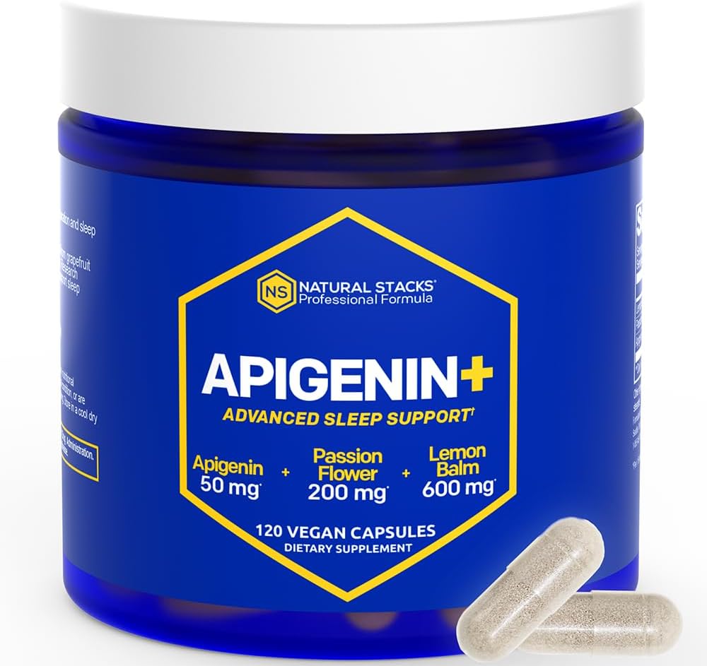 Natural STACKS Apigenin Допълнение за сън - 50mg Apigenin & 600mg Lemon Balm - Melatonin Free Sleep Aid - с Passion Flower Extract for Stress Support* - 120 Lemon Balm капсули