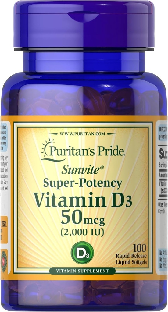 Puritan's Pride Sunvite Super High Potency Vitamin D3 2000IU 100 Softgels