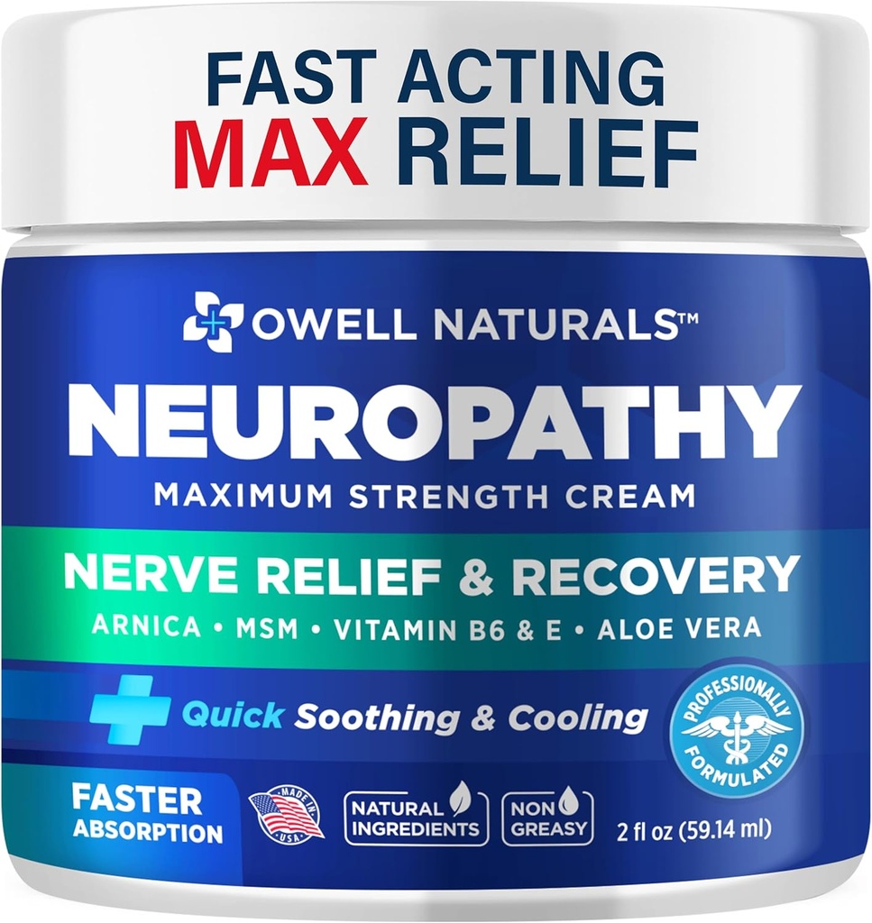 OWELL NATURALS Neurropathy Cream Extra Strength Relief Cream for Foot, Hands, Toes with Arnica, Vitamin B6, Aloe Vera, MSM-Made in USA