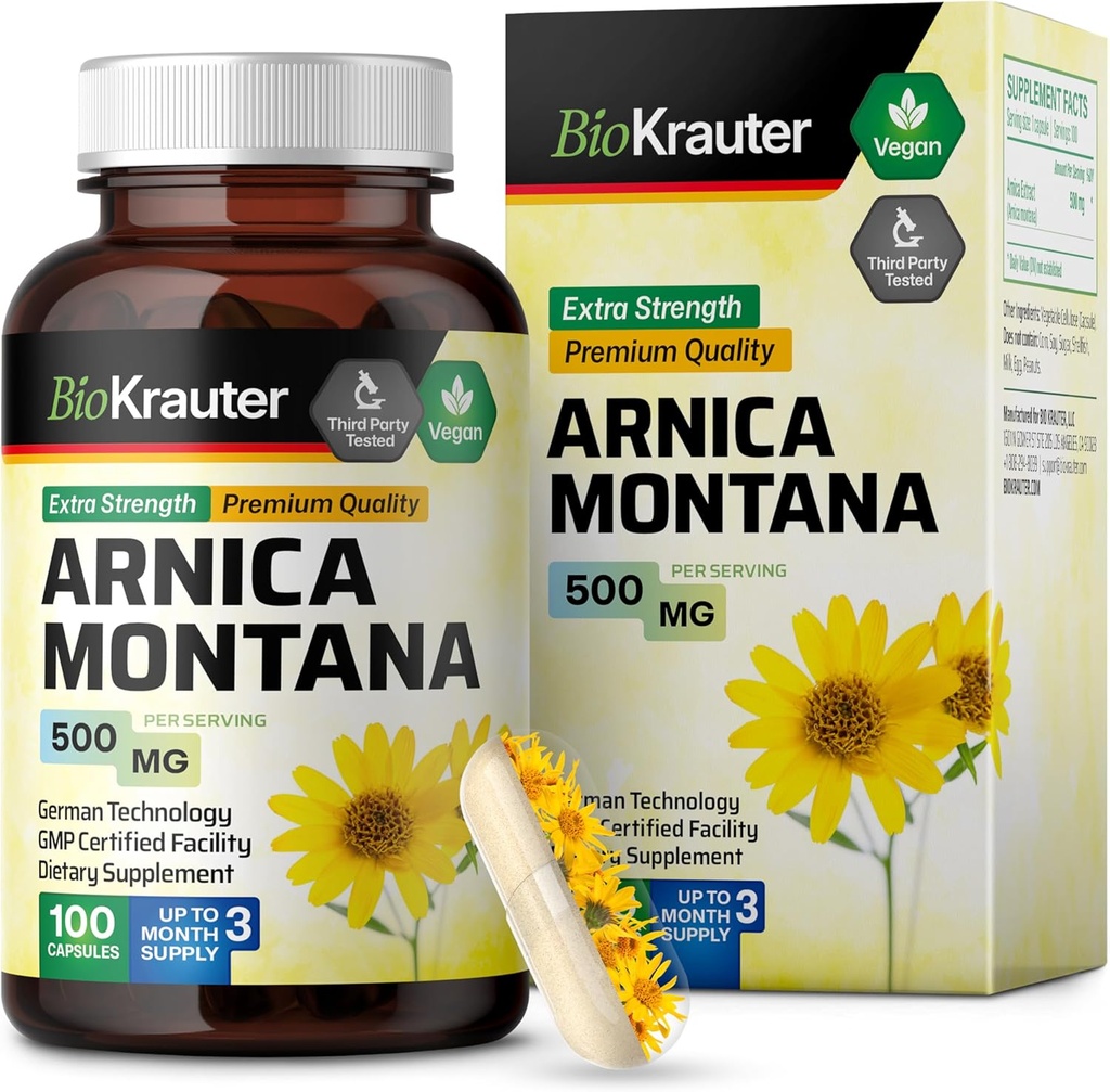 BIO KRAUTER Arnica Montana Cápsulas - 500 mg Arnica Cápsulas para Contusões e Inchaço - Vegan - 100 Contagem