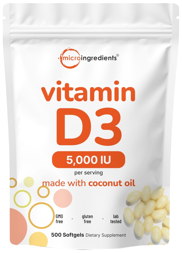 Micro Ingredients Vitamin D3 5,000 IU, 500 Softgels | Virgin Coconut Oil | Cholecalciferol Form | Bone, Immune & Heart Support | Easy to Swallow, Non-GMO