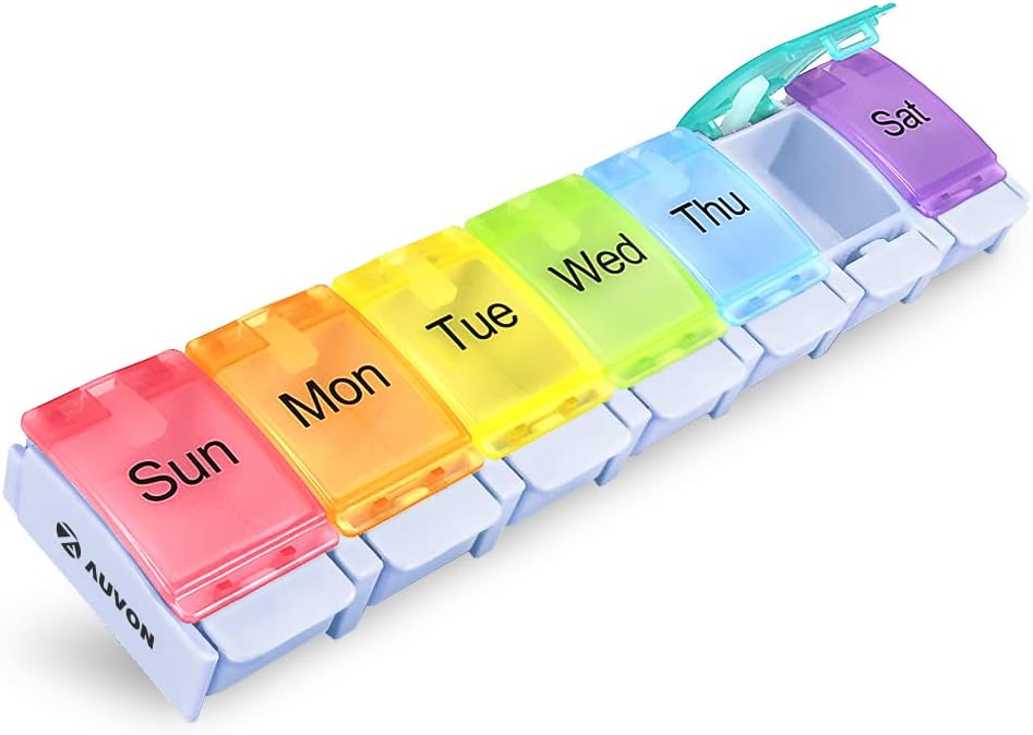AUVON Weekly Pill Organizer Arthritis Frid, BPA Free Travel 7 Day Pill Box Case with Spring Open Design and Large Comment to Hold Vitamin, Cod Liver Oil, Suplemen and Medication