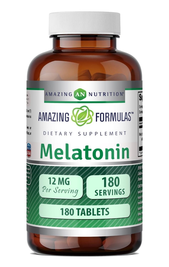 Amazing Formulas Melatonin Supplement | Unflavored | 12 Mg Per Serving | 180 Tablets | Non-GMO | Gluten-Free | Made in USA