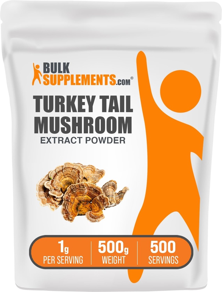 BulkSupplements.com Turkey Tail Mushroom Extras pulbere - Coriolus Versicolor Extract, Mushroom Supliment - Vegan & Gluten gratuit, 1g per Serving, 500g (1.1 lbs) (Pachet de 1)
