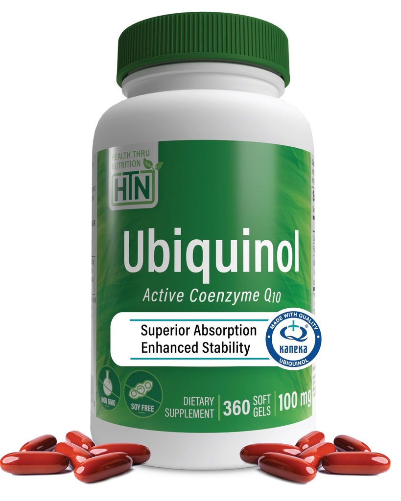 Health Thru Nutrition Ubiquinol 100mg 360 Softgels as Kaneka QH Reduced CoQ-10 | Stabilized - 3rd Party Tested | Enhanced Bioavailability | Cardiovascular & Mitochondria Function Support | Non-GMO