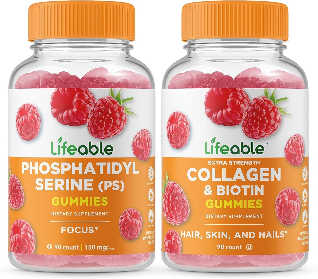 Lifeable Phosphatidylserine (PS) + Collagen & Biotin, Gummies Paket - Böyük Tasting, Ek Vitamin, Gluten Free, GMO Free, Chewable Gummy