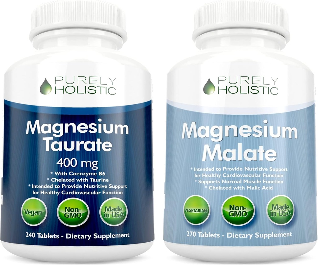 Magnesium Taurate 400mg + magnesiummalat 400mg - Biologisk tilgjengelig - Høy absorpsjon Bundle - 270 + 270 Vegetariske tabletter