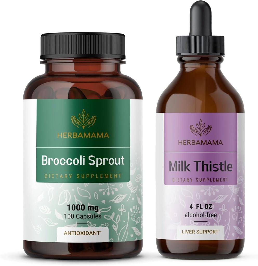 HERBAMAMA Brokolice Brokolice Sprout a Mléko Thistle Kit - Bundle z 1000 mg Brokolice Sprout Kapsle & Mléko Thistle Extract 4 fl oz - Vegan, Non- GMO, Cukr & Alcohol- Free - 2 Pack