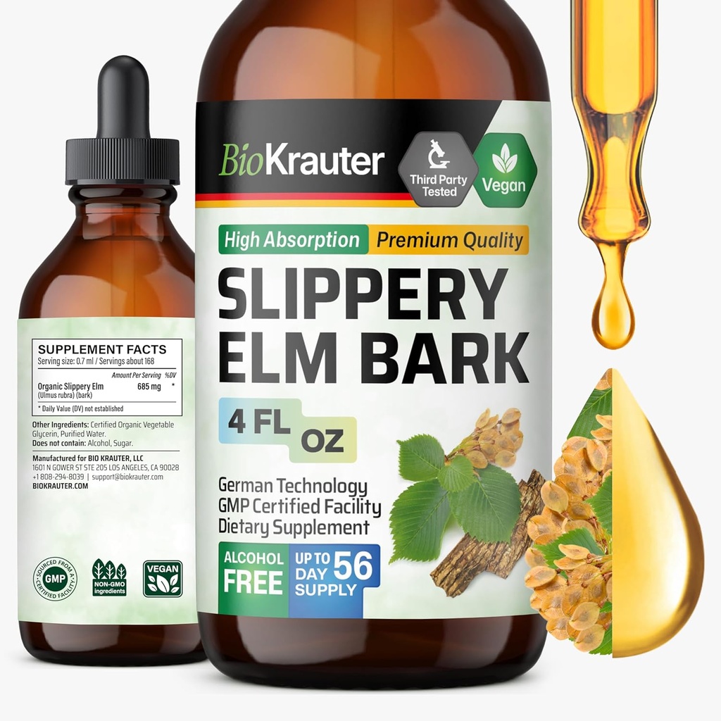 BIO KRAUTER Slippery Elm Bark Tinture - Pure Slippery Elm for Women & Men - 4 Fl.Oz. 56 Dni dodávok - Podpora hrdla a hlasu - Vegan Liquid Drops for Lungs - Respiračné a tráviace zdravie