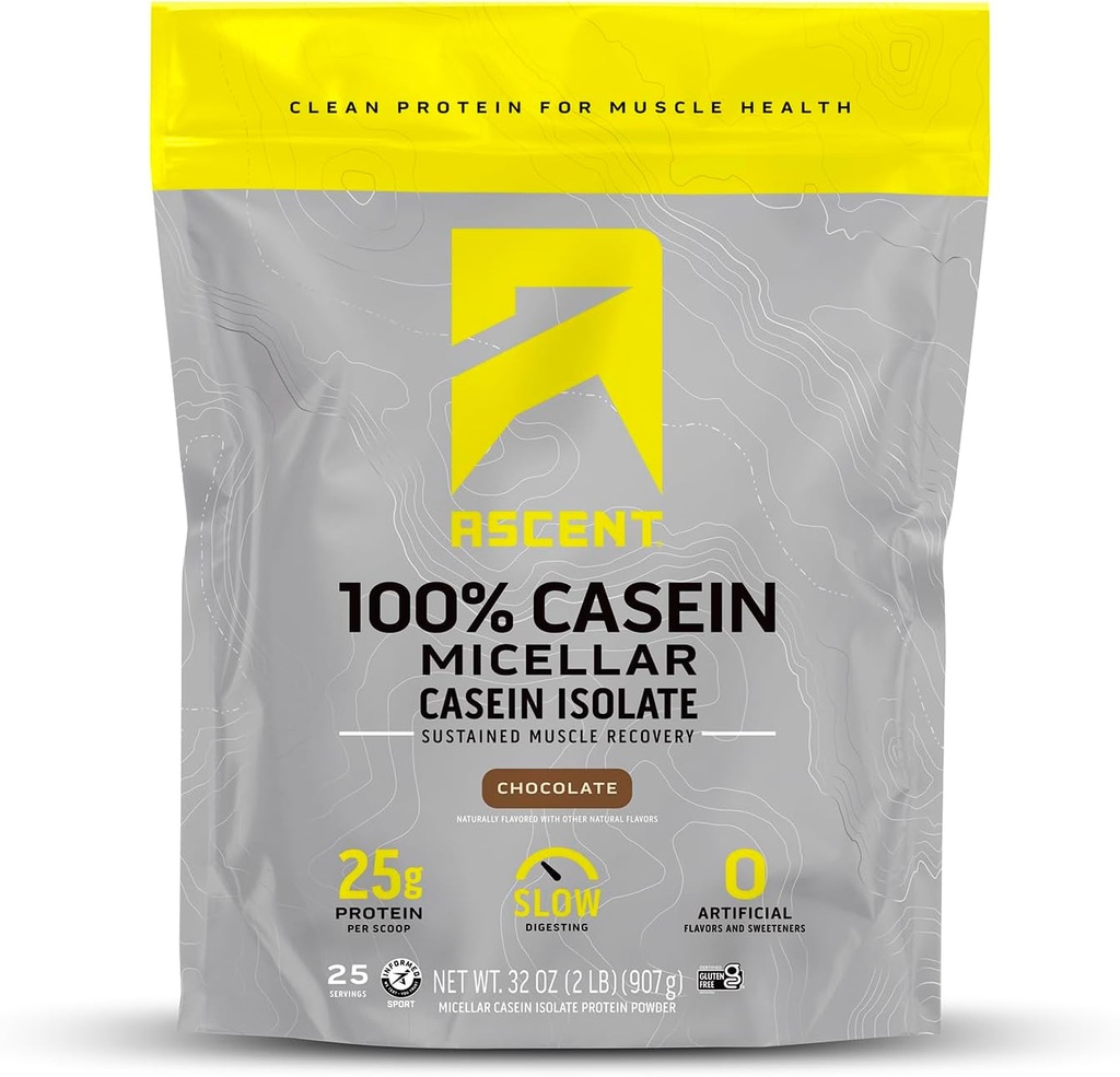 Pó de proteína de Caseína de ascensão - 25g Pó de Caseína Micellar com sabores artificiais zero e adoçantes, sem glúten, sem açúcar adicionado, 4.9g BCAA, 2.2g Leucina - Chocolate, 2 Libras