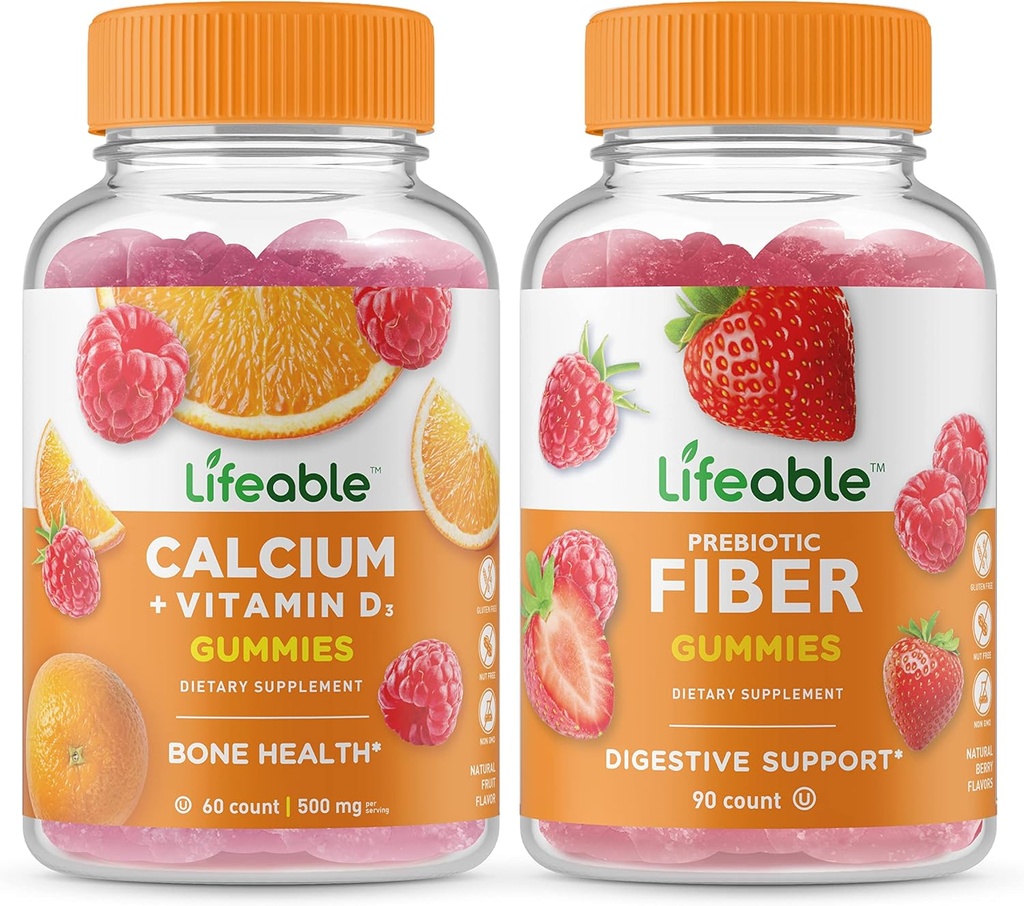 Lifeable Calcium with Vitamin D + Prebiotic Fiber 5g, Gummies Bundle - Great Tasting, Vitamin Supplement, Gluten Free, GMO Free, Chewable
