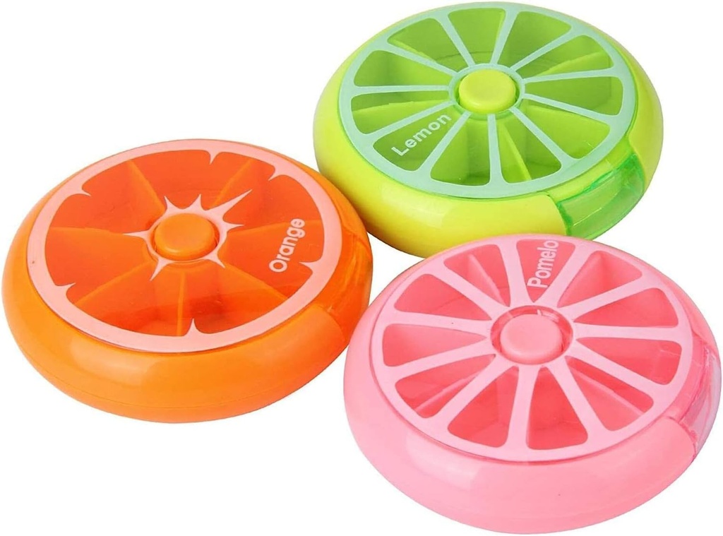 Portable Mini 7 Day Weekly Circular Shape Rotary Cute Fruit Style 3-Compartment Pill Organizer Box (blandad färg)