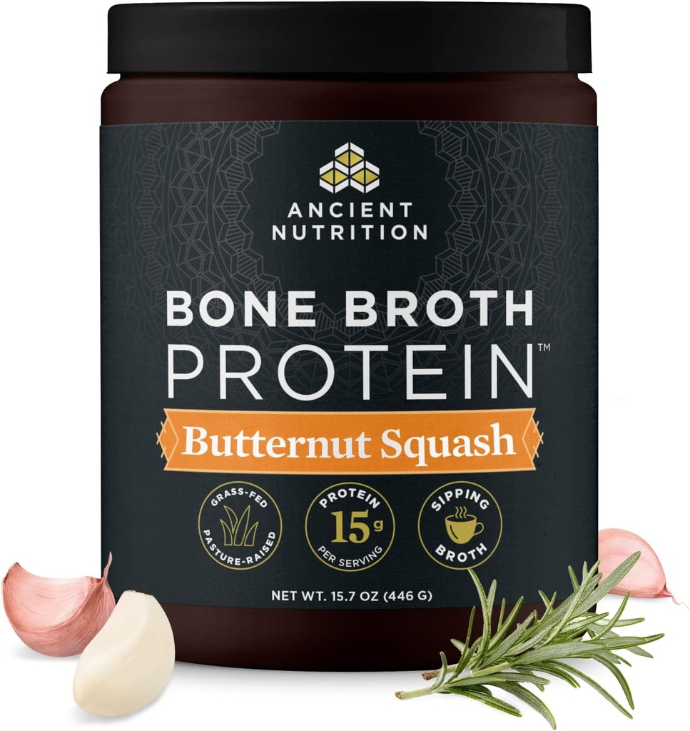 Antica Nutrition Bone Broth Protein Powder, Butternut Squash, Grass-Fed Chicken and Beef Bone Broth Powder, 15g Protein Per Serving, Supporta un Gut sano, 15 Serve
