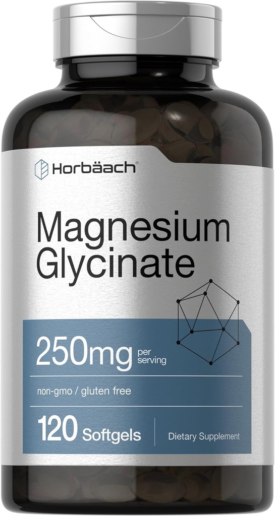 Horbäach Magnesio Glycinato | 250mg | 120 Softgels | Non-GMO e Gluten Suplemento gratuíto