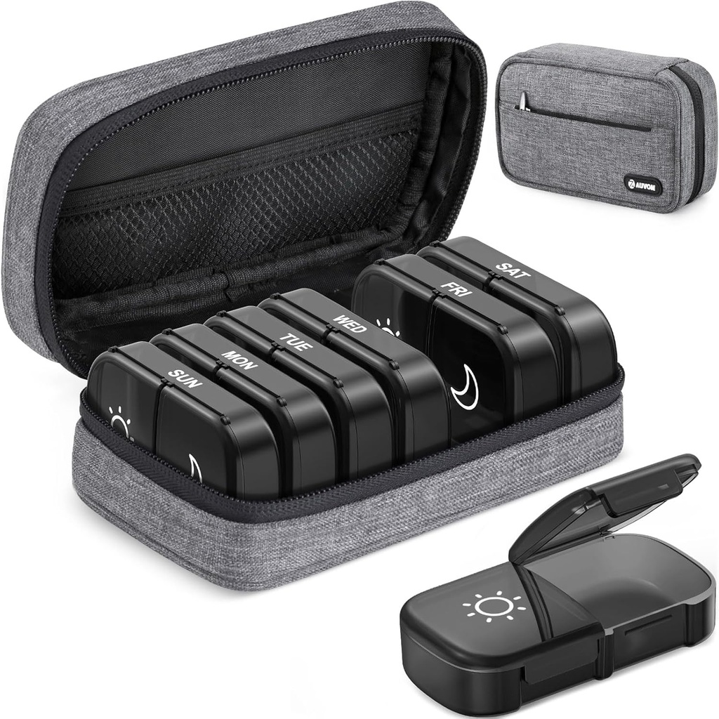 AUVON Canvas Bag XL Weekly Pill מארגנת 2 פעמים ביום, Travel Pill Box 7 Day עם One-Side גדול פתיחה, AM PM Pill מקרה עם Portable Cloth Bag עבור תוספים, ויטמינים, שמן דגים