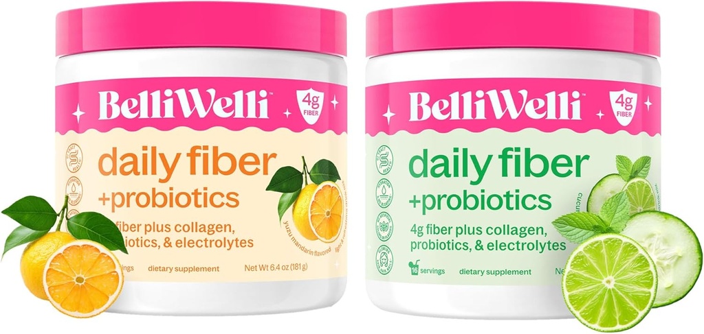 Daily Fiber Supplement Bundle z dodatkiem Collagen, Probiotyki i Electrolytes - Cucumer Lime Mint & Orange Yuzu Mandarin Flavors - Supports Digestive Health, Debloating & Hydration - 32 Sługi ogółem