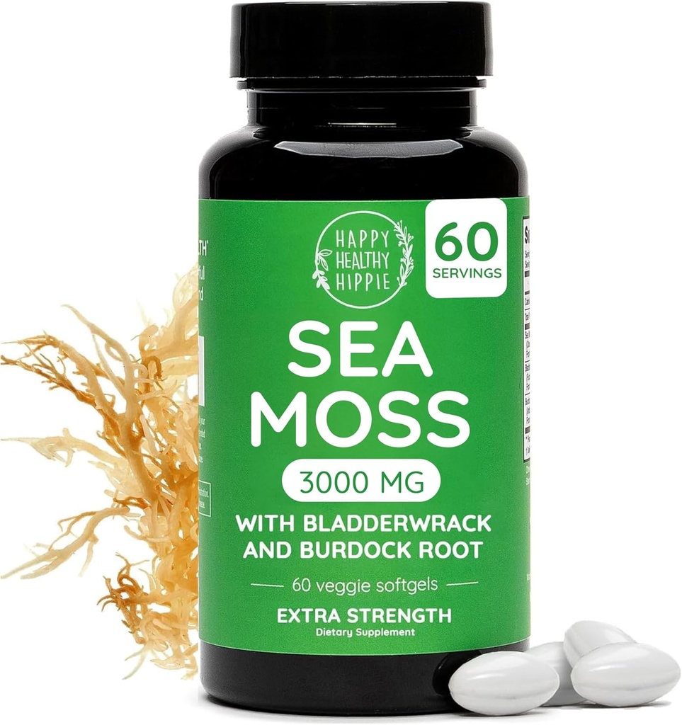 Happy Healthy Hippie Sea Moss Gel Capsules 3000 mg (1 Daily) – Immunity, Energy Boost & Gregetive Support ” Wildcrafted Irish Seamoss Pills, Dabock Root, Bladderwrack ” Ražots ASV, Vegan, 60 Ct