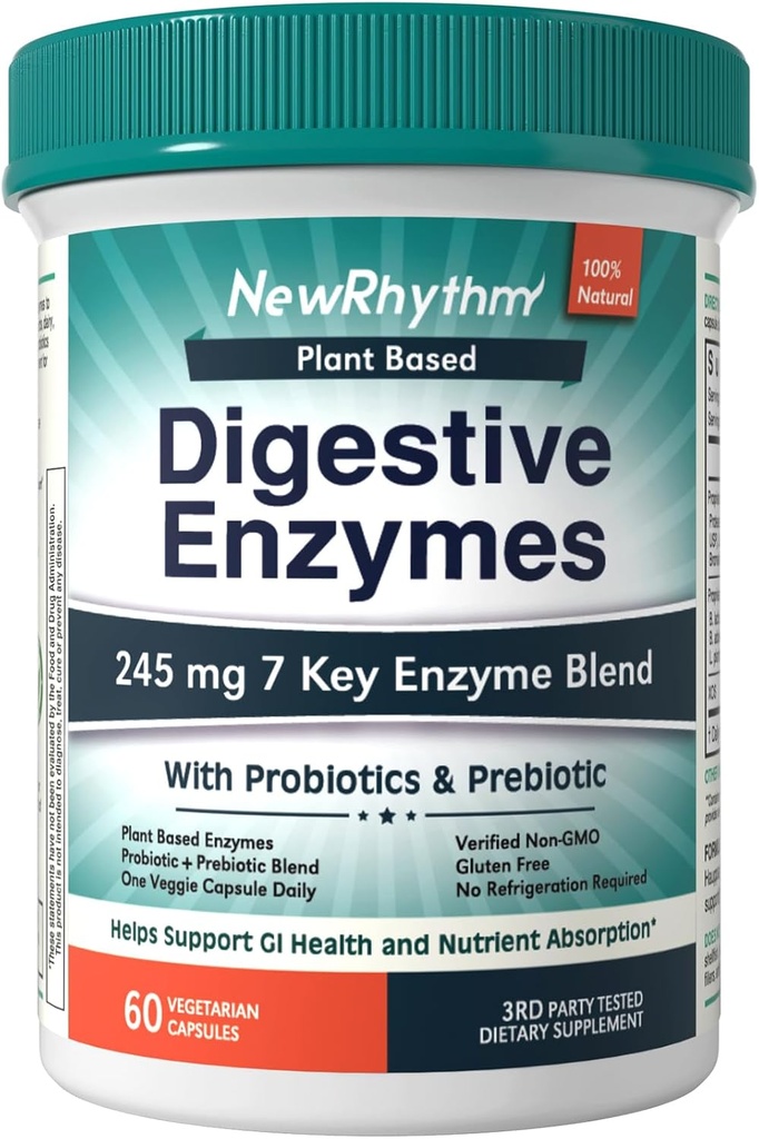 New Rhythm Volumeive Enzymes 255 mg, với Probioics và Prebiostics, Cây Dựa trên, 7 Key Enzymes, Digestion, Nutrient Absorption, Protease Amylase & Lipase, 60 Vegan Capsules