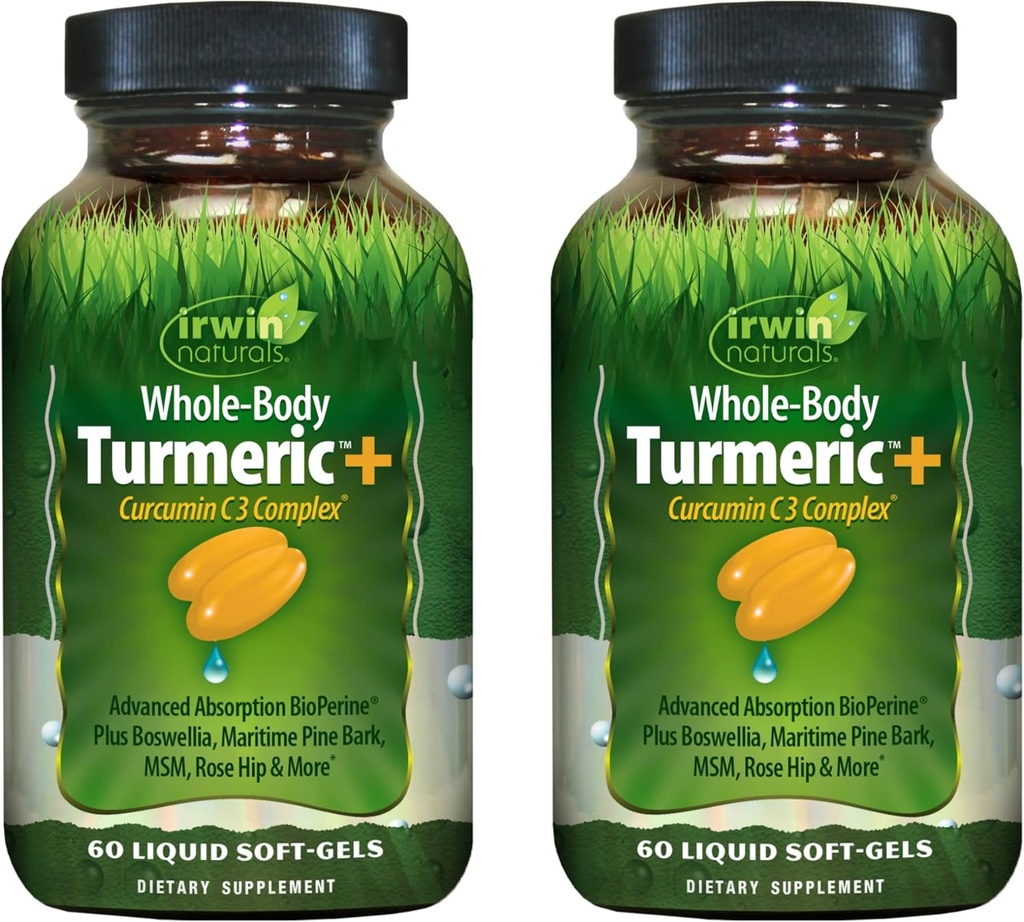 Irwin Naturals Plenario Turmeric Cuerpo + Complejo Curcumin C3 - 60 Líquidos Soft-Gels, Pack de 2 - Soportes Plenario Wellness - 60 Total Servings