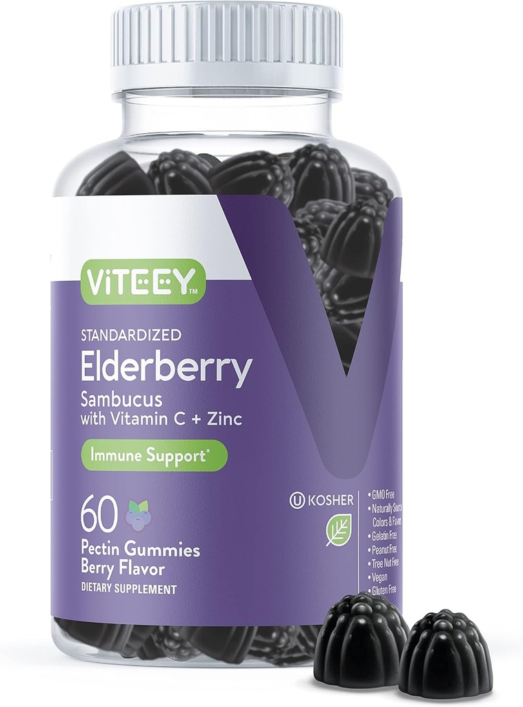 Viteey Sambucus Elder Gummies cho người lớn – Oldberry C và Zacc Immunity Gummies - Vegan, Gluten- free – 60 Count