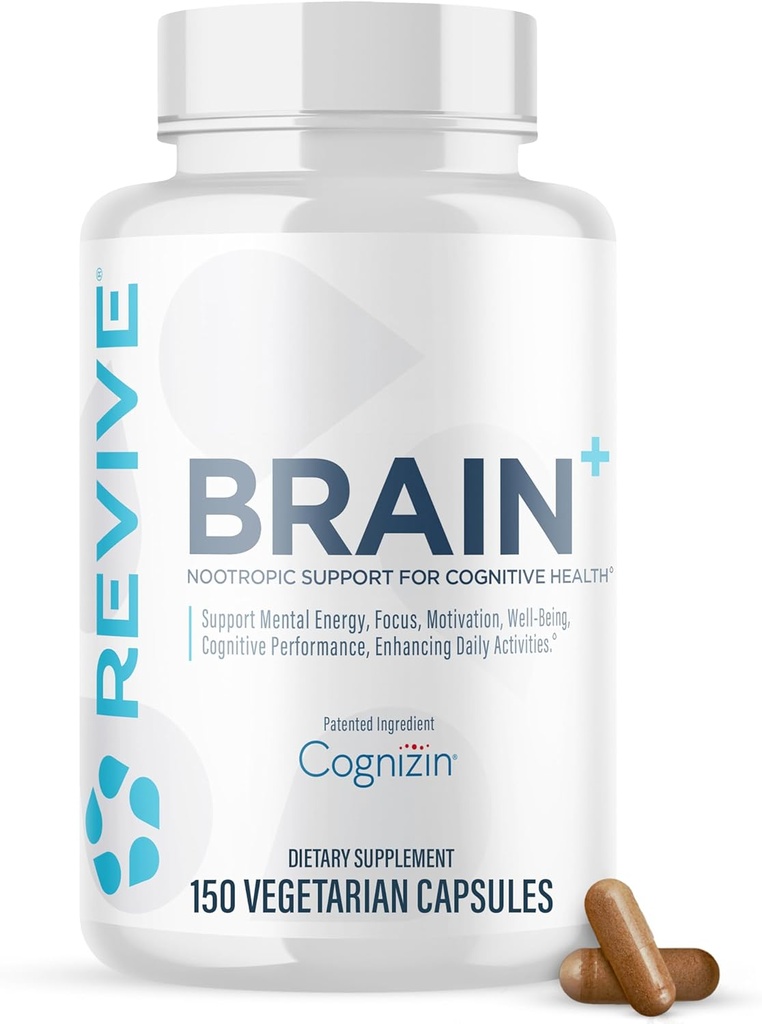 Revive MD Brain doplňky pro paměť & Focus, Brain Plus - Stimulant Free Nootropní dodatek pro kognitivní zdraví s Niacin, vitamin B6 & B12, acetyl- L- karnitin HCL & Alfa- GPC- 150 Kapsle