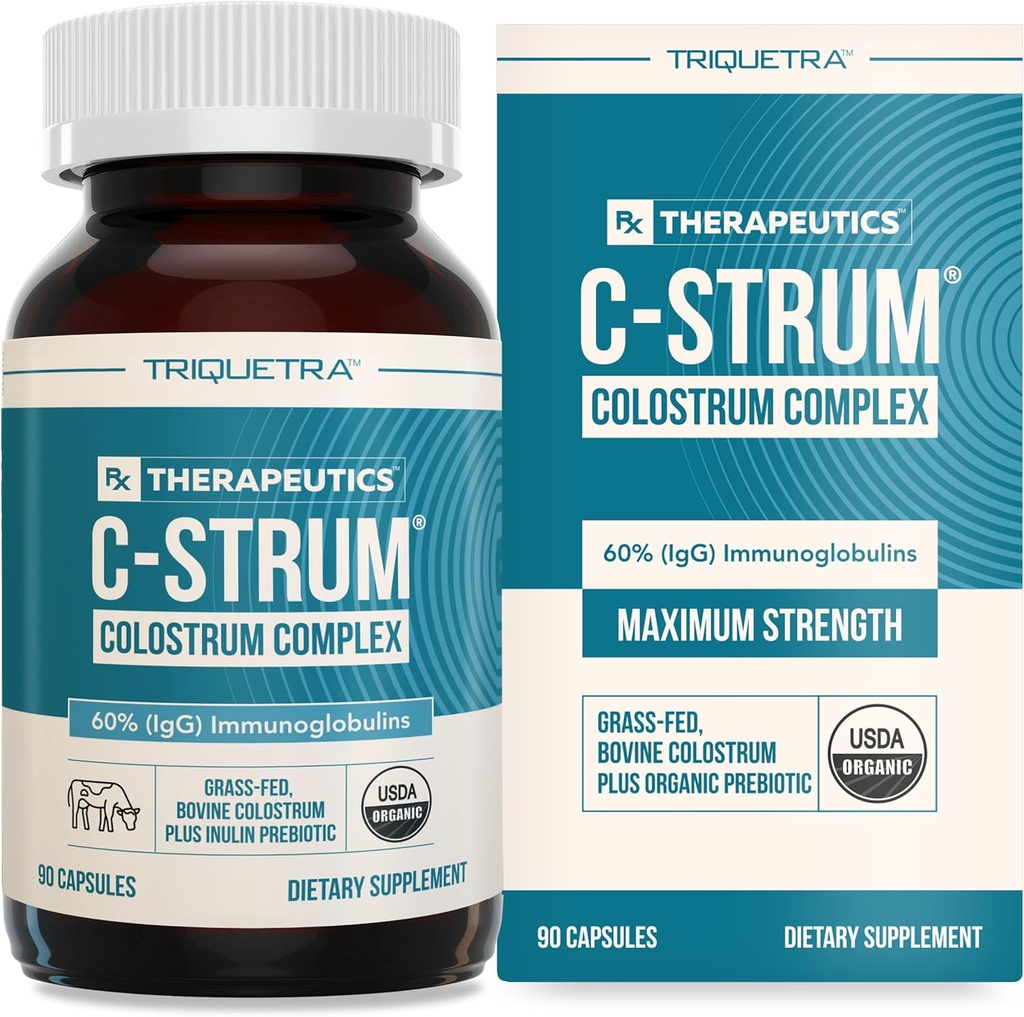 C-Strum Organic Bovine Colostrum supplement, 60% igG, First Milking, Gras Fed, Max Strength Colostrum Capsules from German Dairy Cows - Gut, Immunity, Skin & Hair Support (90 count)