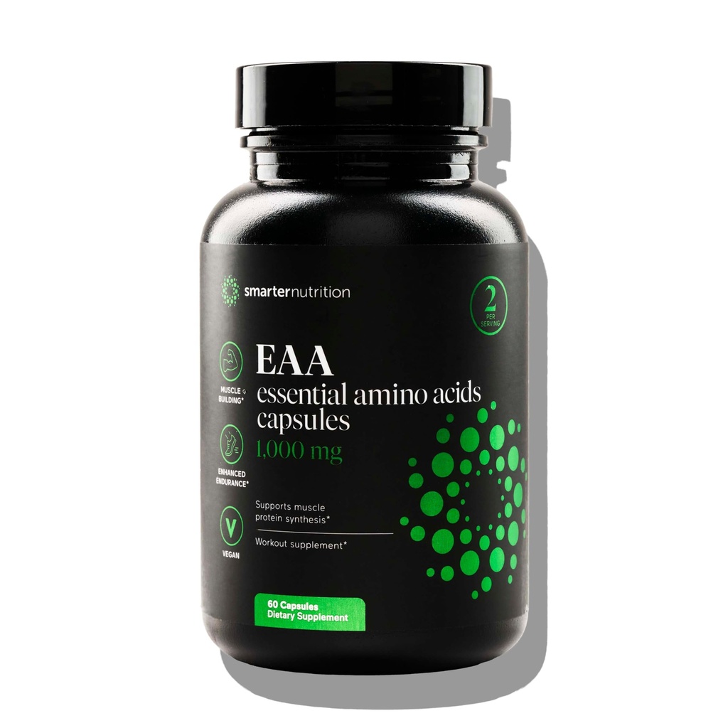 SMARTERNUTRITION Essential Amino Acids (EAA) Capsules - 1 Gram Per Serving of All 9 EAAs - Supports Muscle Mass & Exercise - Non-GMO, Vegan, Gluten Free - 60 Count[30-Day Supply]