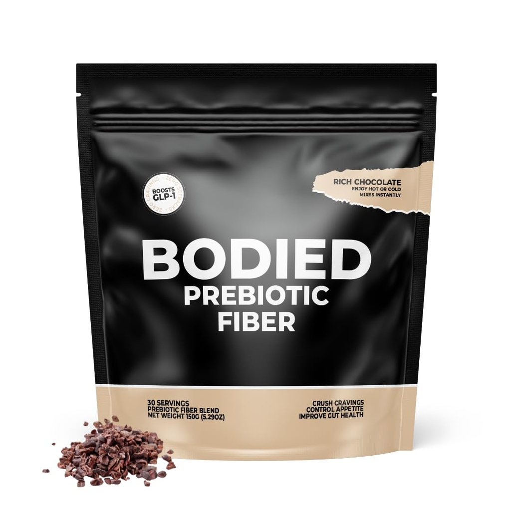 BODIED Fiber Cocoa PREBIOTIC - 巧克力火焰 - Boost GLP-1, Psyllium Husk, SolNul, Gut Health, Digestion & Avication, 零加糖, Keto, Paleo Fasting Friendly 30 Services.