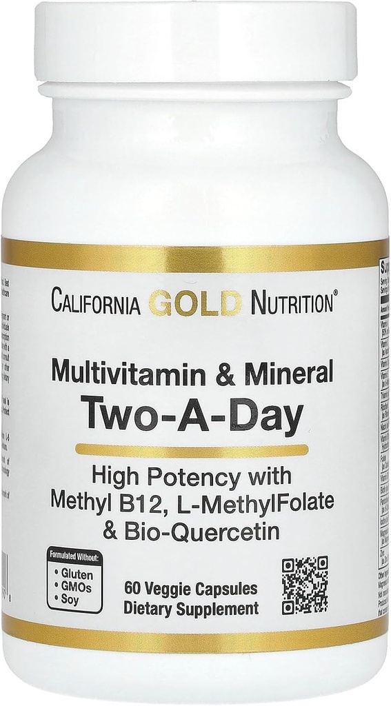 California Gold Nutrition Multivitamine and Mineral with Methyl B12, Witamina C, L- MethylFolate and Bio- Quercetin, Two-A- Day, 60 Kapsułki wegetariańskie