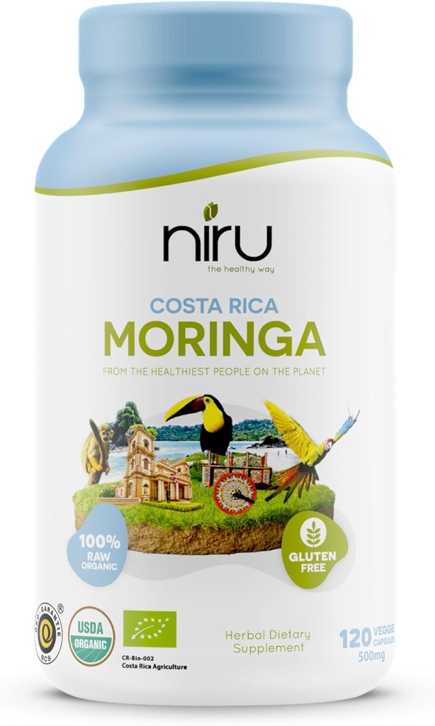 Niru Life Blue Zone Moringa Capsule din Costa Rica, 100% Energie organică, suport metabolic şi imun, 120 capsule, 500 mg
