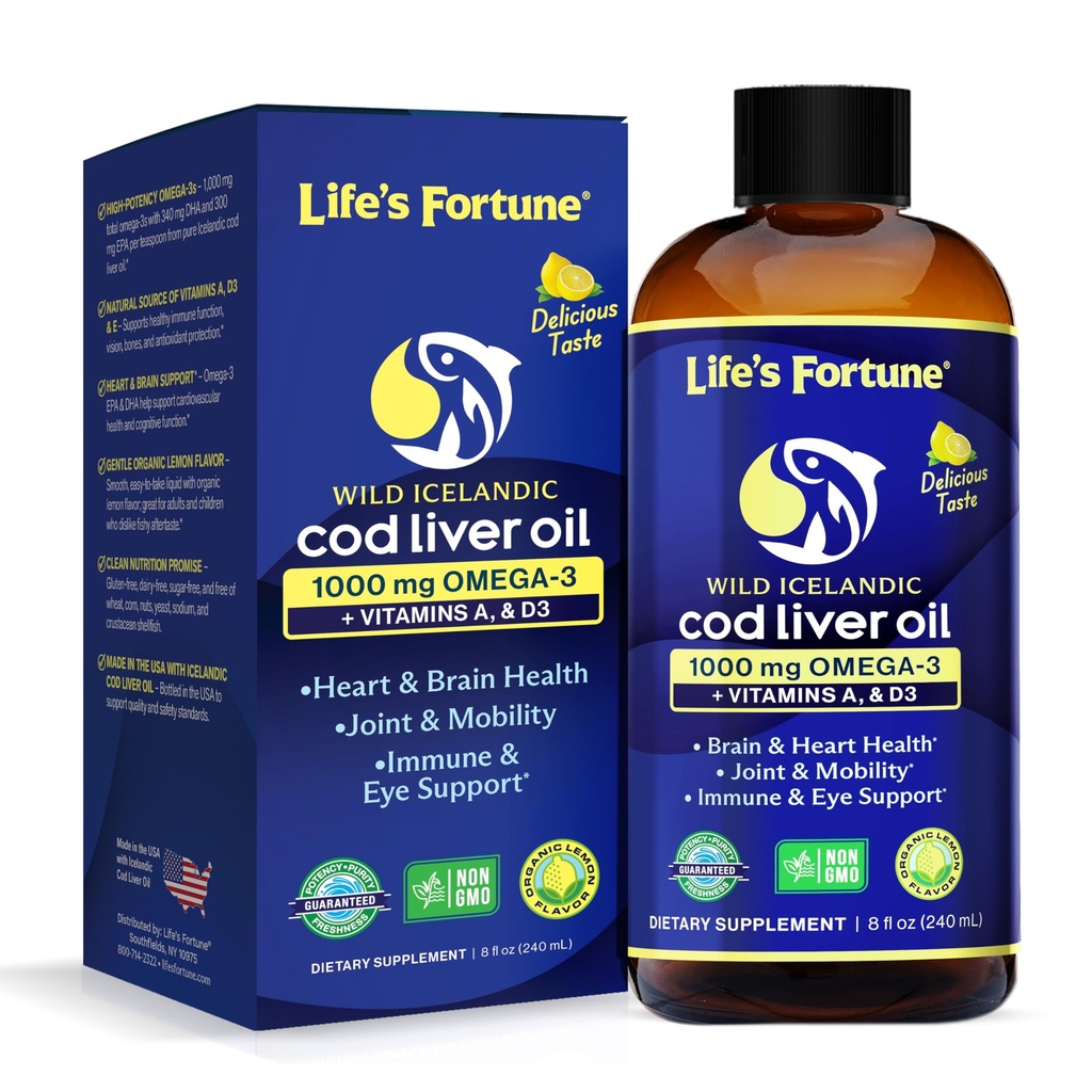 Life's Fortune Cod Liver Oil Liquid Organic Lemon Flavor (8 Oz) 1,000 mg Omega + Vitamin A, E & D3 - Supports Immune Health - 100% Fish Oil Supplement from Wild Ocean Cod-GMO Free