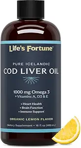Life's Fortune Cod Liver Oil Liquid Organic Lemon Flavor (8 Oz) 1,000 mg Omega + Vitamin A, E & D3 - Supports Immune Health - 100% Fish Oil Supplement from Wild Ocean Cod-GMO Free