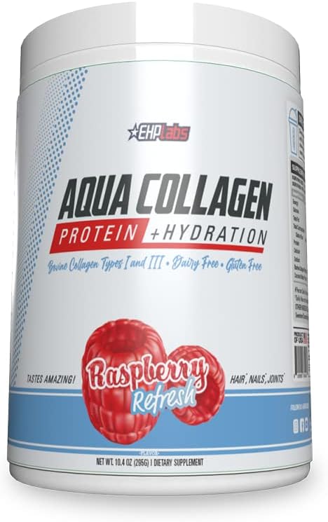 EHP Labs Aqua Hydrolyzed Collagen Peptides Powder - 10g of Protein per Serving, Hydration & Gut Health Support, Grass Fed Pasture-Raised Bovine Collagen, Type I & III, 24 Servings (Raspberry Refresh)